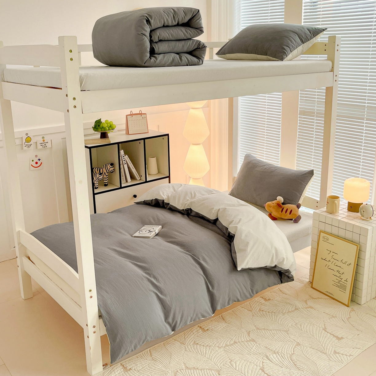 纽缦家纺 2025新款纯色双拼水洗亲柔棉三件套宿舍三件套上下铺三件套 纯色双拼-浅灰米