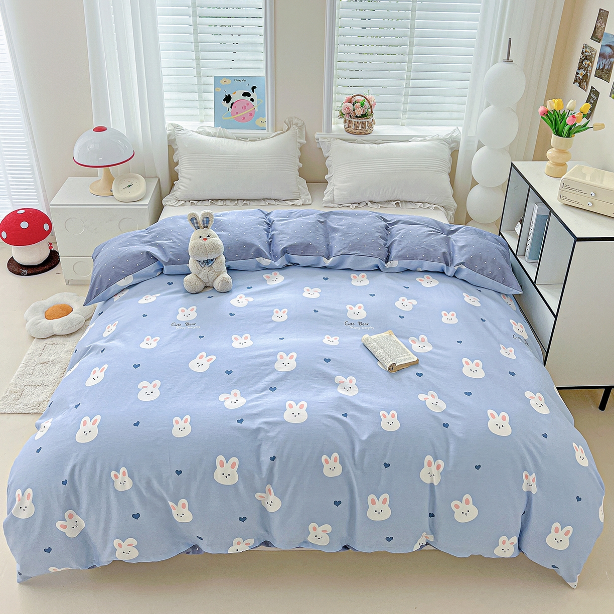 91家纺网 家纺一手货源 找家纺 恩泽家纺 2025新款加厚全棉纯棉印花系列被套单件-单被套 桃心小兔