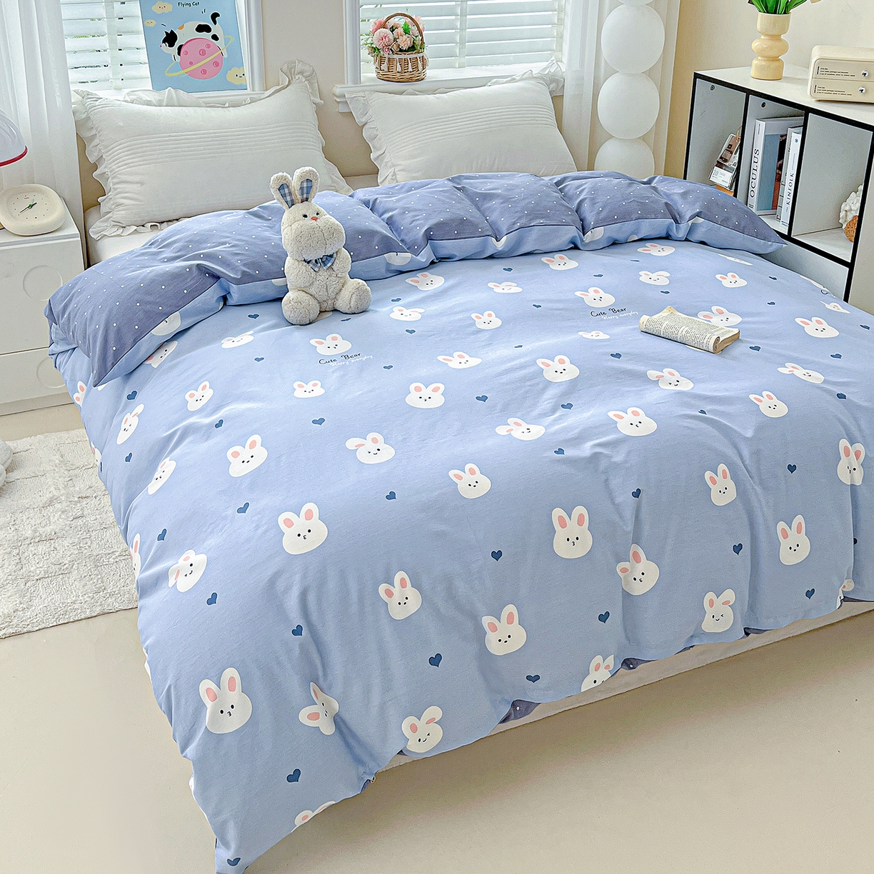 91家纺网 家纺一手货源 找家纺 恩泽家纺 2025新款加厚全棉纯棉印花系列被套单件-单被套 桃心小兔