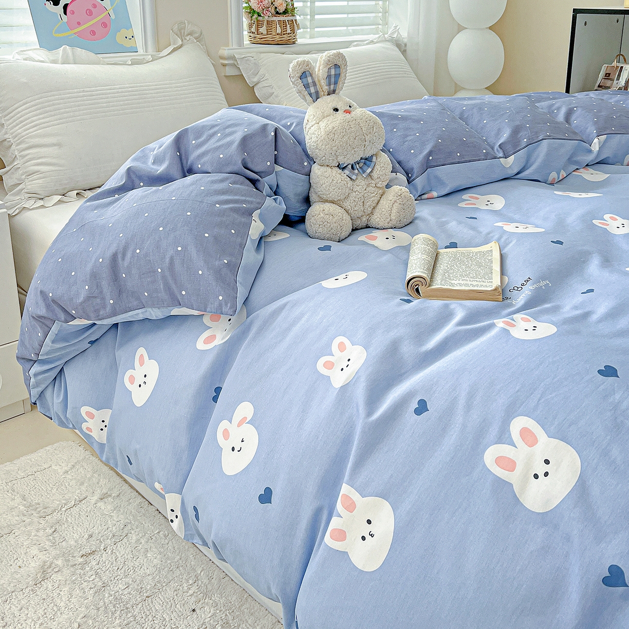 91家纺网 家纺一手货源 找家纺 恩泽家纺 2025新款加厚全棉纯棉印花系列被套单件-单被套 桃心小兔