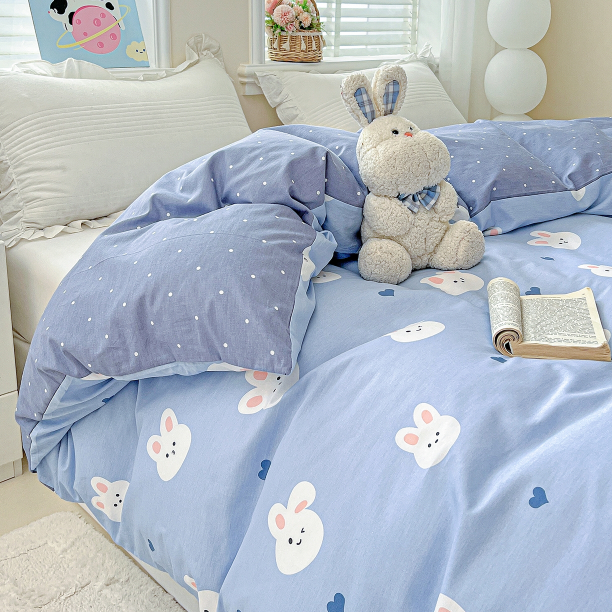 91家纺网 家纺一手货源 找家纺 恩泽家纺 2025新款加厚全棉纯棉印花系列被套单件-单被套 桃心小兔