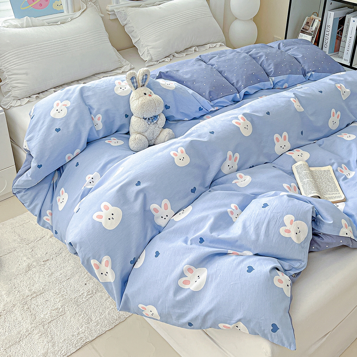 91家纺网 家纺一手货源 找家纺 恩泽家纺 2025新款加厚全棉纯棉印花系列被套单件-单被套 桃心小兔