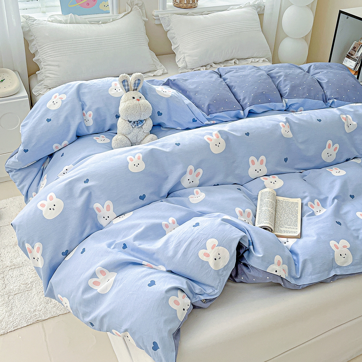 91家纺网 家纺一手货源 找家纺 恩泽家纺 2025新款加厚全棉纯棉印花系列被套单件-单被套 桃心小兔