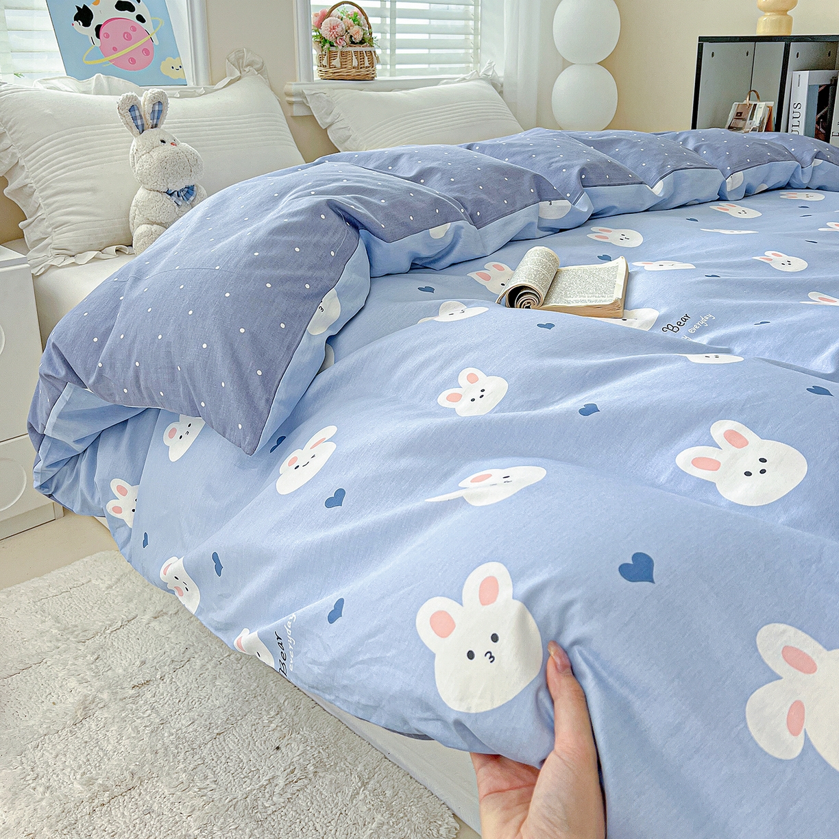 91家纺网 家纺一手货源 找家纺 恩泽家纺 2025新款加厚全棉纯棉印花系列被套单件-单被套 桃心小兔