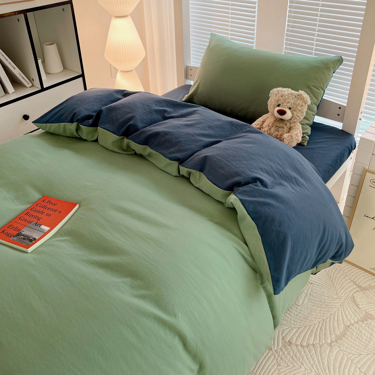 91家纺网 家纺一手货源 找家纺 纽缦家纺 2025新款纯色双拼水洗亲柔棉三件套宿舍三件套上下铺三件套 纯色双拼-清新牛仔