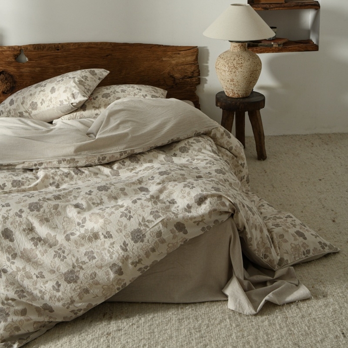 羚羊语家纺 2025新款A类棉麻高支密原生棉花亚麻四件套复古色织数码印花文艺风绉绉汉麻亚麻自 絮语