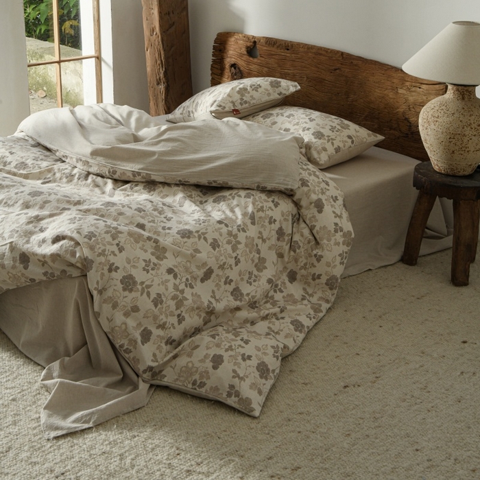 91家纺网 家纺一手货源 找家纺 羚羊语家纺 2025新款A类棉麻高支密原生棉花亚麻四件套复古色织数码印花文艺风绉绉汉麻亚麻自 絮语