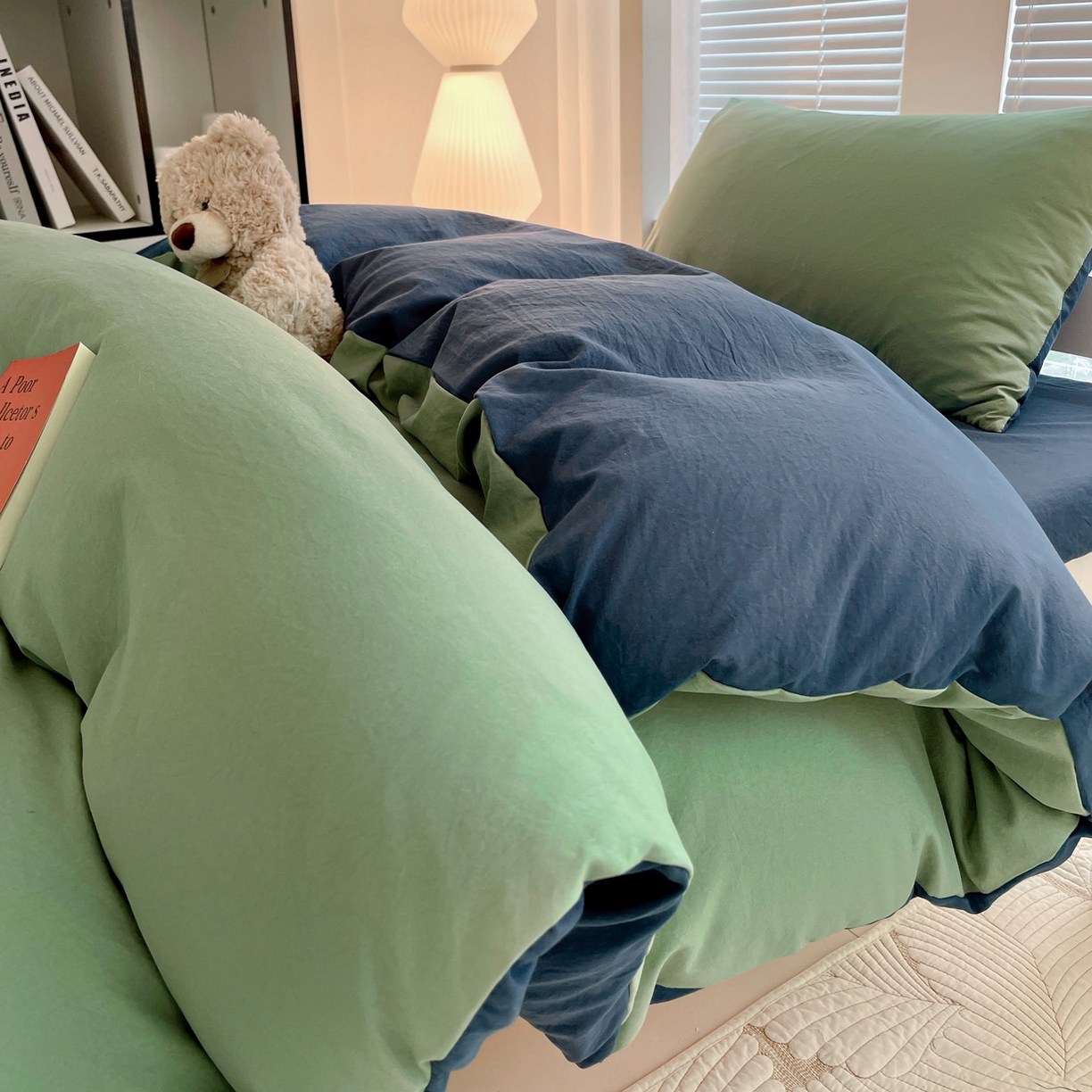 91家纺网 家纺一手货源 找家纺 纽缦家纺 2025新款纯色双拼水洗亲柔棉三件套宿舍三件套上下铺三件套 纯色双拼-清新牛仔