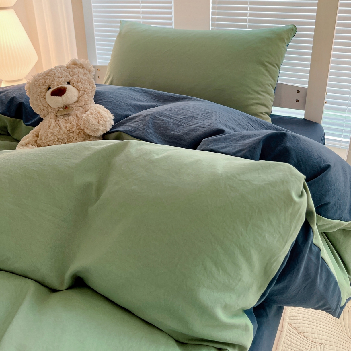 91家纺网 家纺一手货源 找家纺 纽缦家纺 2025新款纯色双拼水洗亲柔棉三件套宿舍三件套上下铺三件套 纯色双拼-清新牛仔