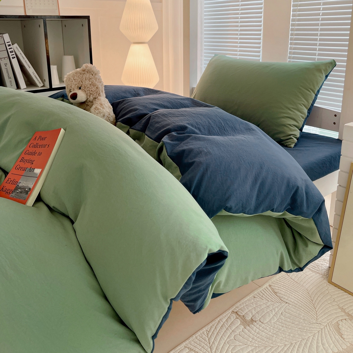 91家纺网 家纺一手货源 找家纺 纽缦家纺 2025新款纯色双拼水洗亲柔棉三件套宿舍三件套上下铺三件套 纯色双拼-清新牛仔