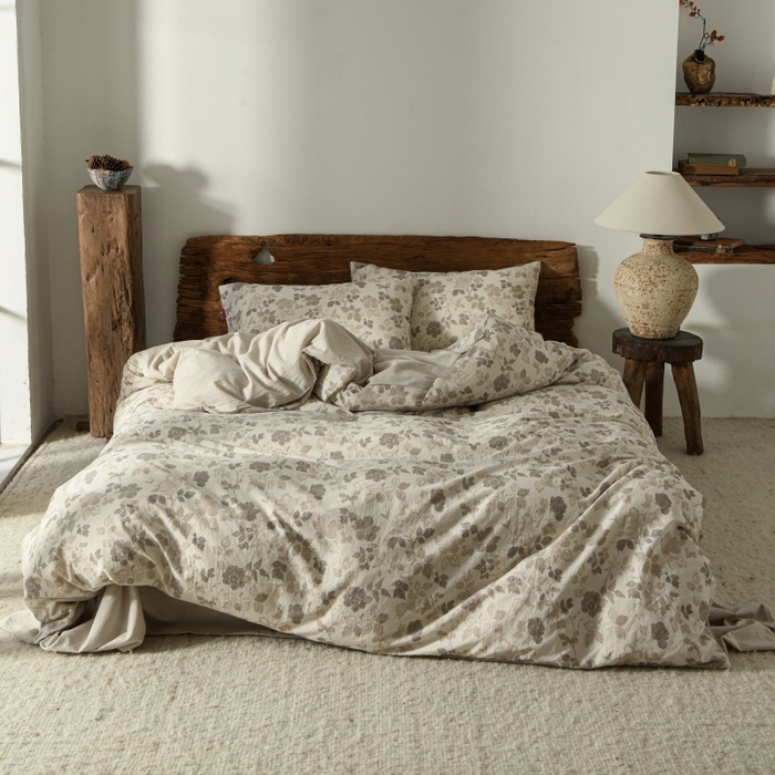 91家纺网 家纺一手货源 找家纺 羚羊语家纺 2025新款A类棉麻高支密原生棉花亚麻四件套复古色织数码印花文艺风绉绉汉麻亚麻自 絮语