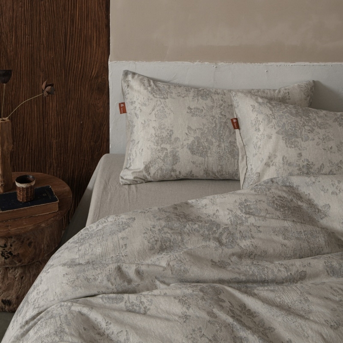 91家纺网 家纺一手货源 找家纺 羚羊语家纺 2025新款A类棉麻高支密原生棉花亚麻四件套复古色织数码印花文艺风绉绉汉麻亚麻自 浮生记