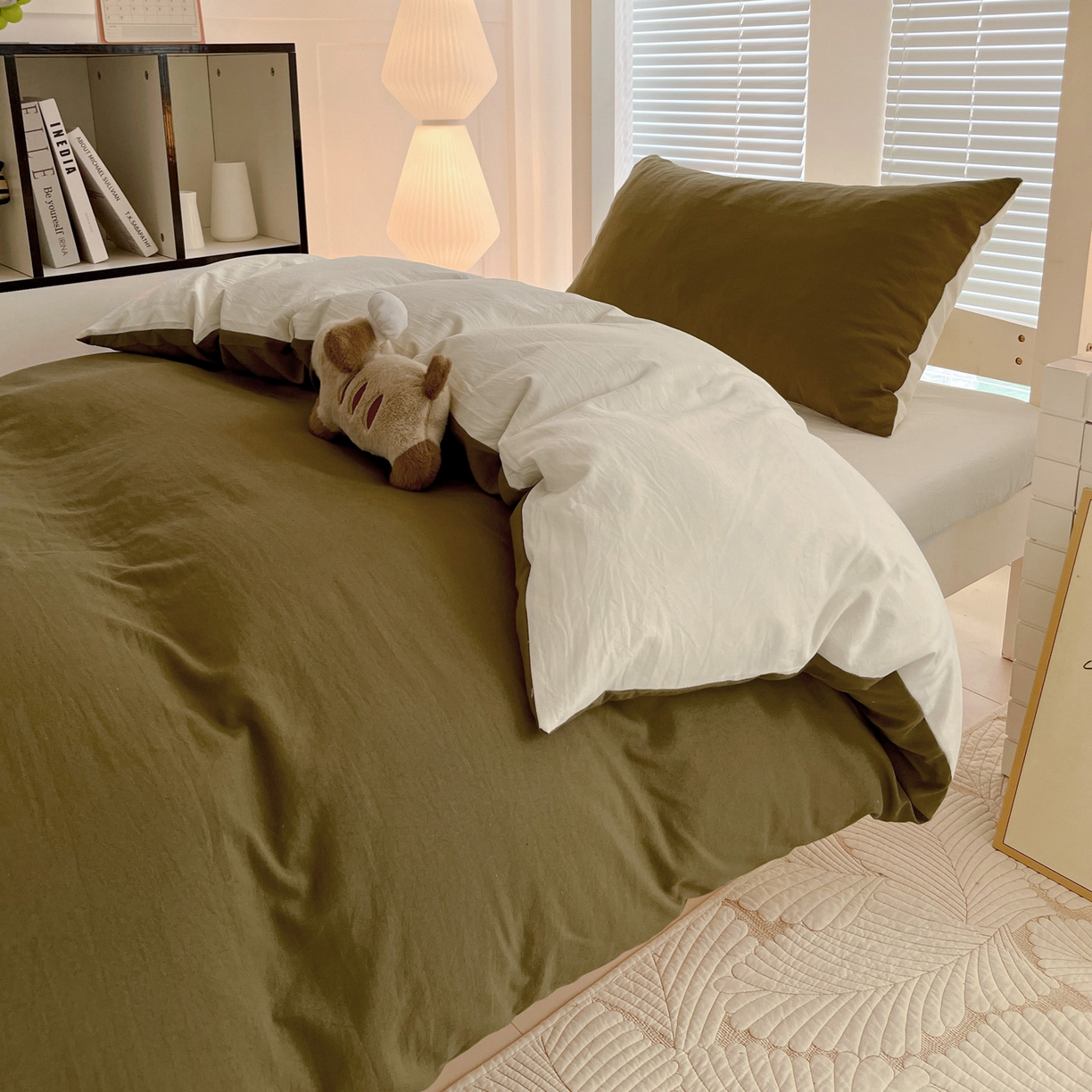 91家纺网 家纺一手货源 找家纺 纽缦家纺 2025新款纯色双拼水洗亲柔棉三件套宿舍三件套上下铺三件套 纯色双拼-秋色咖