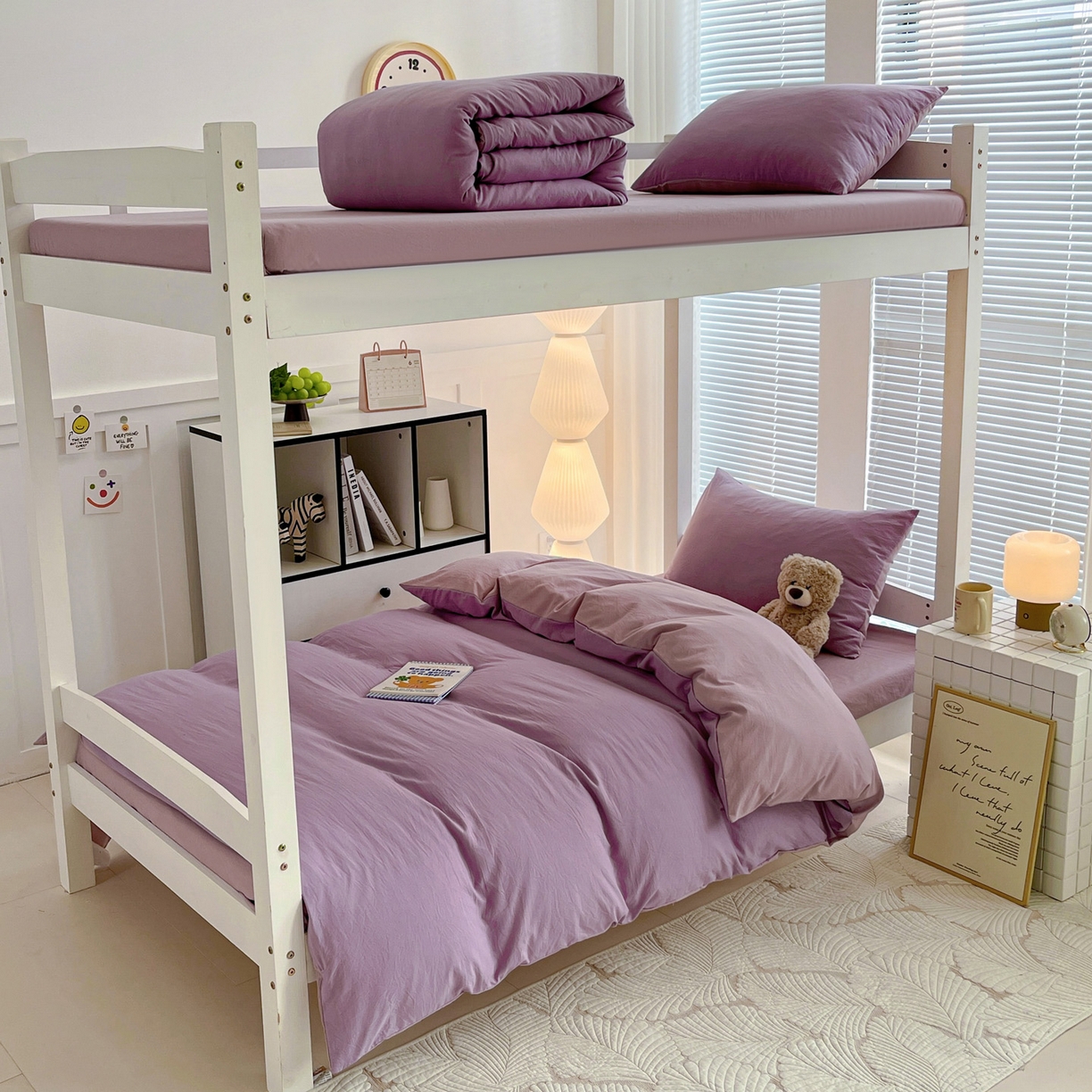 纽缦家纺 2025新款纯色双拼水洗亲柔棉三件套宿舍三件套上下铺三件套 纯色双拼-深浅紫