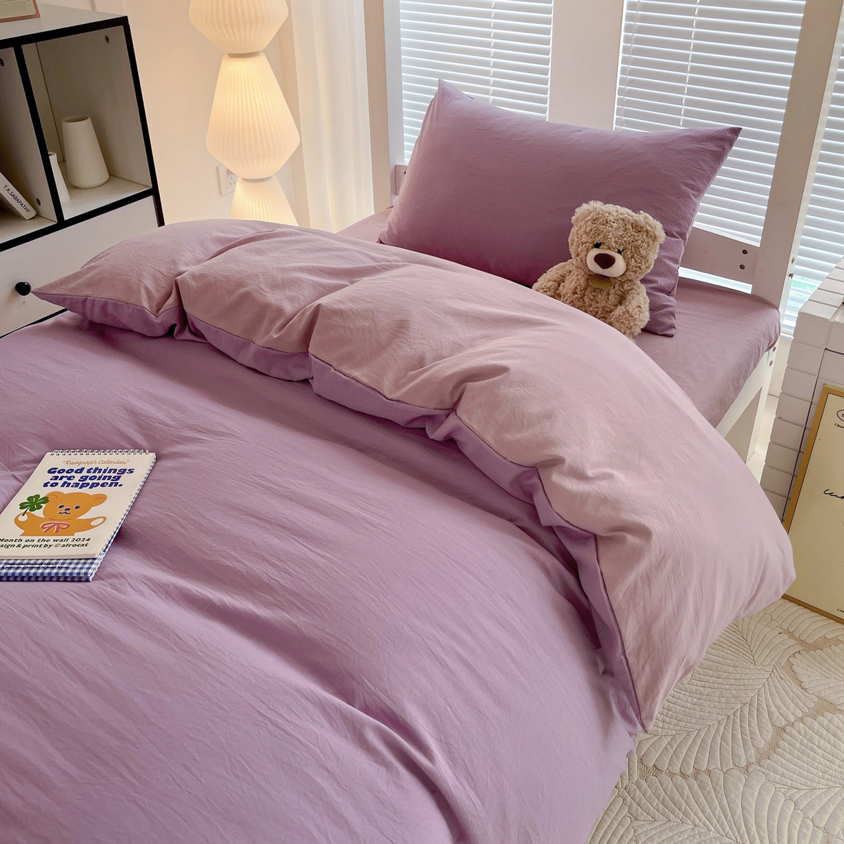 91家纺网 家纺一手货源 找家纺 纽缦家纺 2025新款纯色双拼水洗亲柔棉三件套宿舍三件套上下铺三件套 纯色双拼-深浅紫