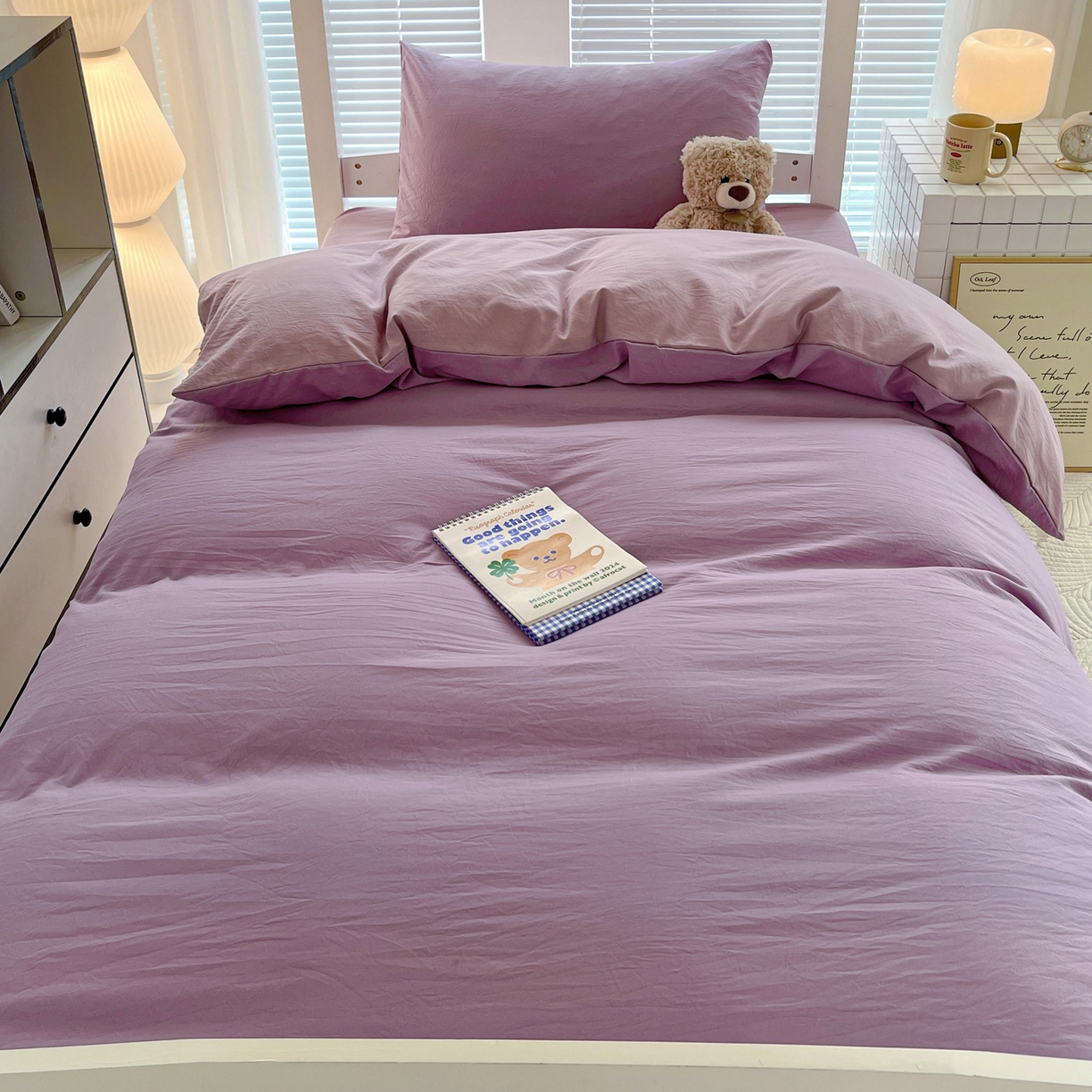 91家纺网 家纺一手货源 找家纺 纽缦家纺 2025新款纯色双拼水洗亲柔棉三件套宿舍三件套上下铺三件套 纯色双拼-深浅紫