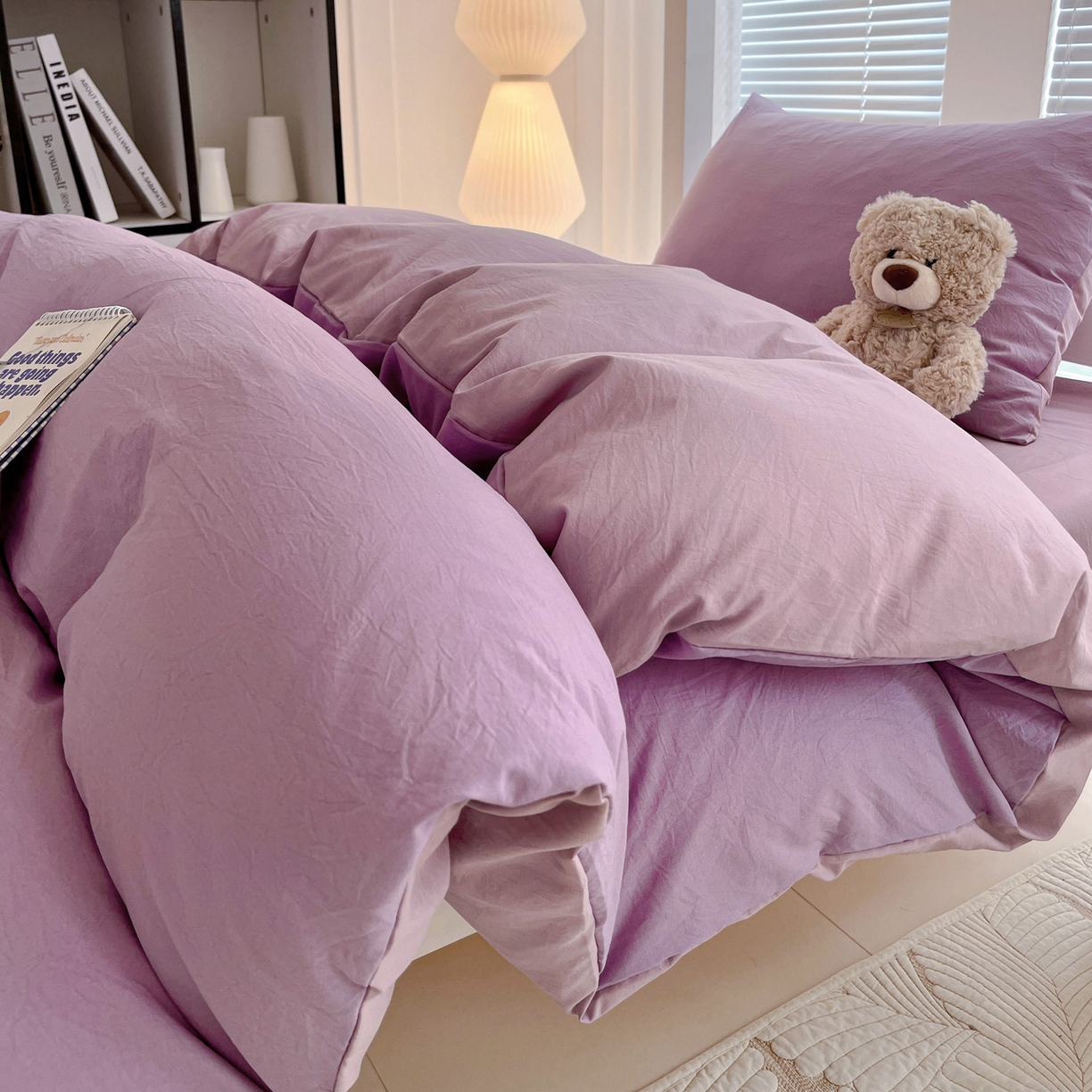 91家纺网 家纺一手货源 找家纺 纽缦家纺 2025新款纯色双拼水洗亲柔棉三件套宿舍三件套上下铺三件套 纯色双拼-深浅紫
