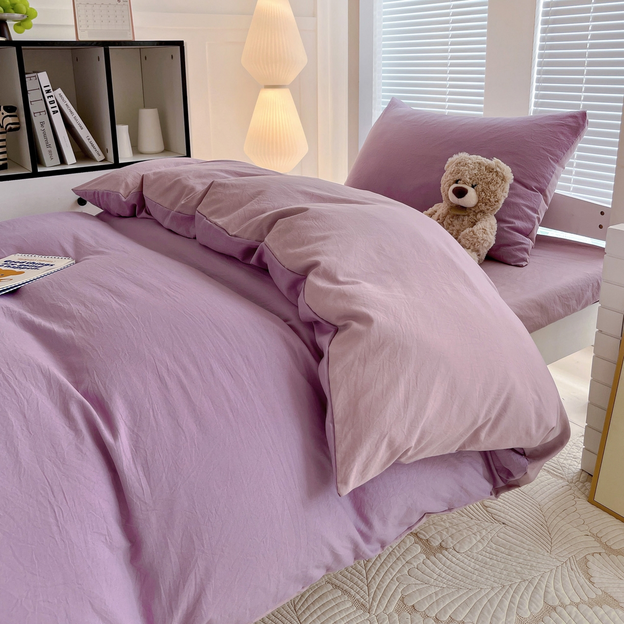 91家纺网 家纺一手货源 找家纺 纽缦家纺 2025新款纯色双拼水洗亲柔棉三件套宿舍三件套上下铺三件套 纯色双拼-深浅紫