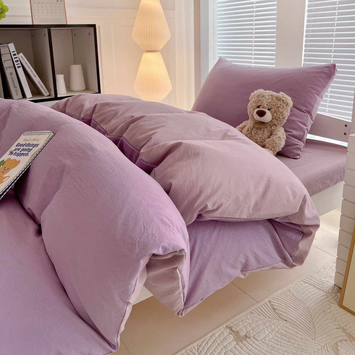 91家纺网 家纺一手货源 找家纺 纽缦家纺 2025新款纯色双拼水洗亲柔棉三件套宿舍三件套上下铺三件套 纯色双拼-深浅紫