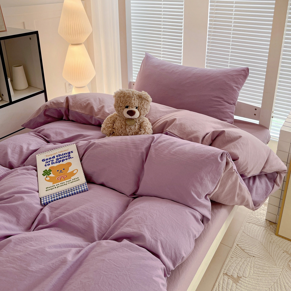 91家纺网 家纺一手货源 找家纺 纽缦家纺 2025新款纯色双拼水洗亲柔棉三件套宿舍三件套上下铺三件套 纯色双拼-深浅紫