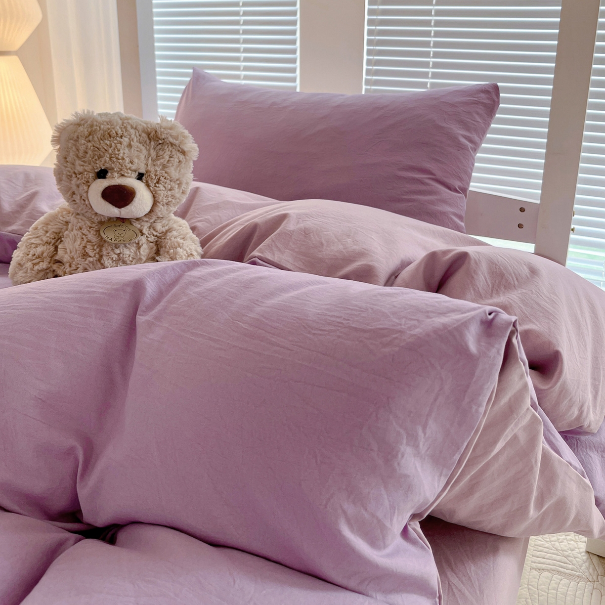 91家纺网 家纺一手货源 找家纺 纽缦家纺 2025新款纯色双拼水洗亲柔棉三件套宿舍三件套上下铺三件套 纯色双拼-深浅紫