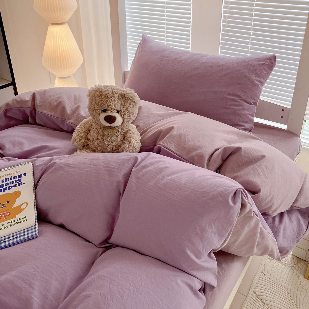 91家纺网 家纺一手货源 找家纺 纽缦家纺 2025新款纯色双拼水洗亲柔棉三件套宿舍三件套上下铺三件套 纯色双拼-深浅紫