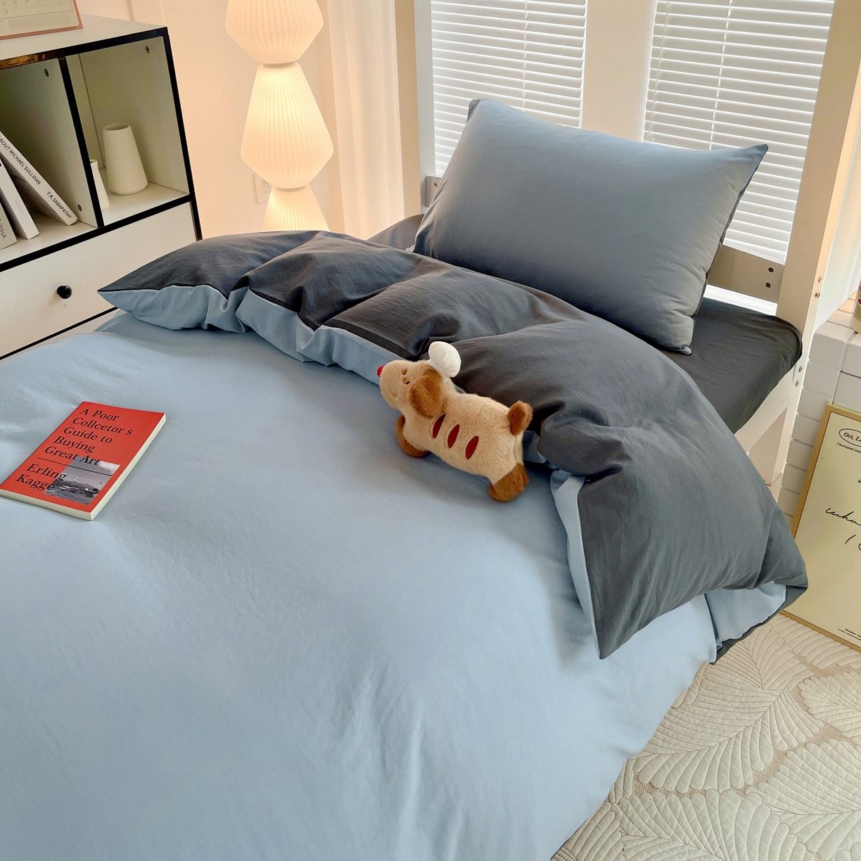 91家纺网 家纺一手货源 找家纺 纽缦家纺 2025新款纯色双拼水洗亲柔棉三件套宿舍三件套上下铺三件套 纯色双拼-天蓝灰