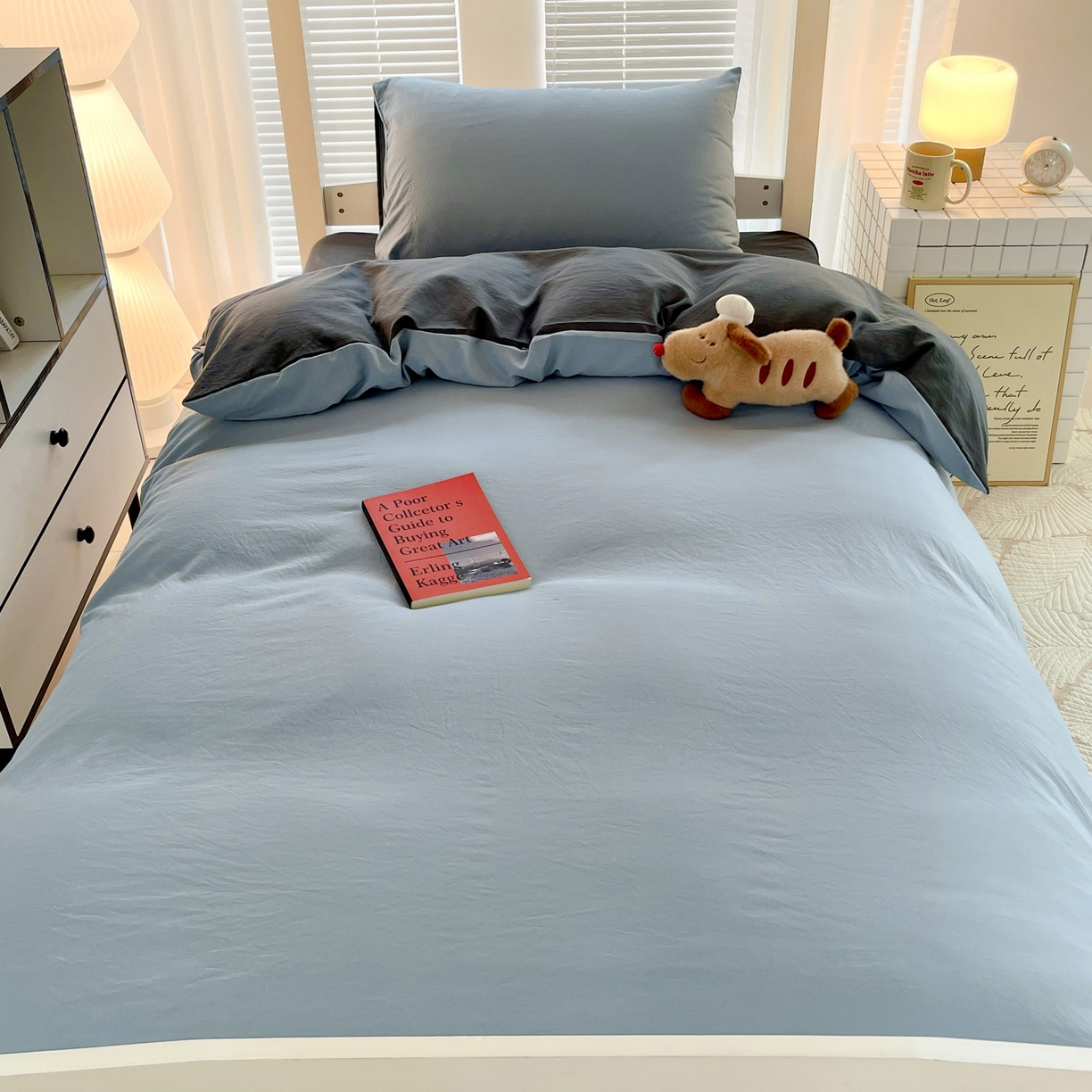 91家纺网 家纺一手货源 找家纺 纽缦家纺 2025新款纯色双拼水洗亲柔棉三件套宿舍三件套上下铺三件套 纯色双拼-天蓝灰