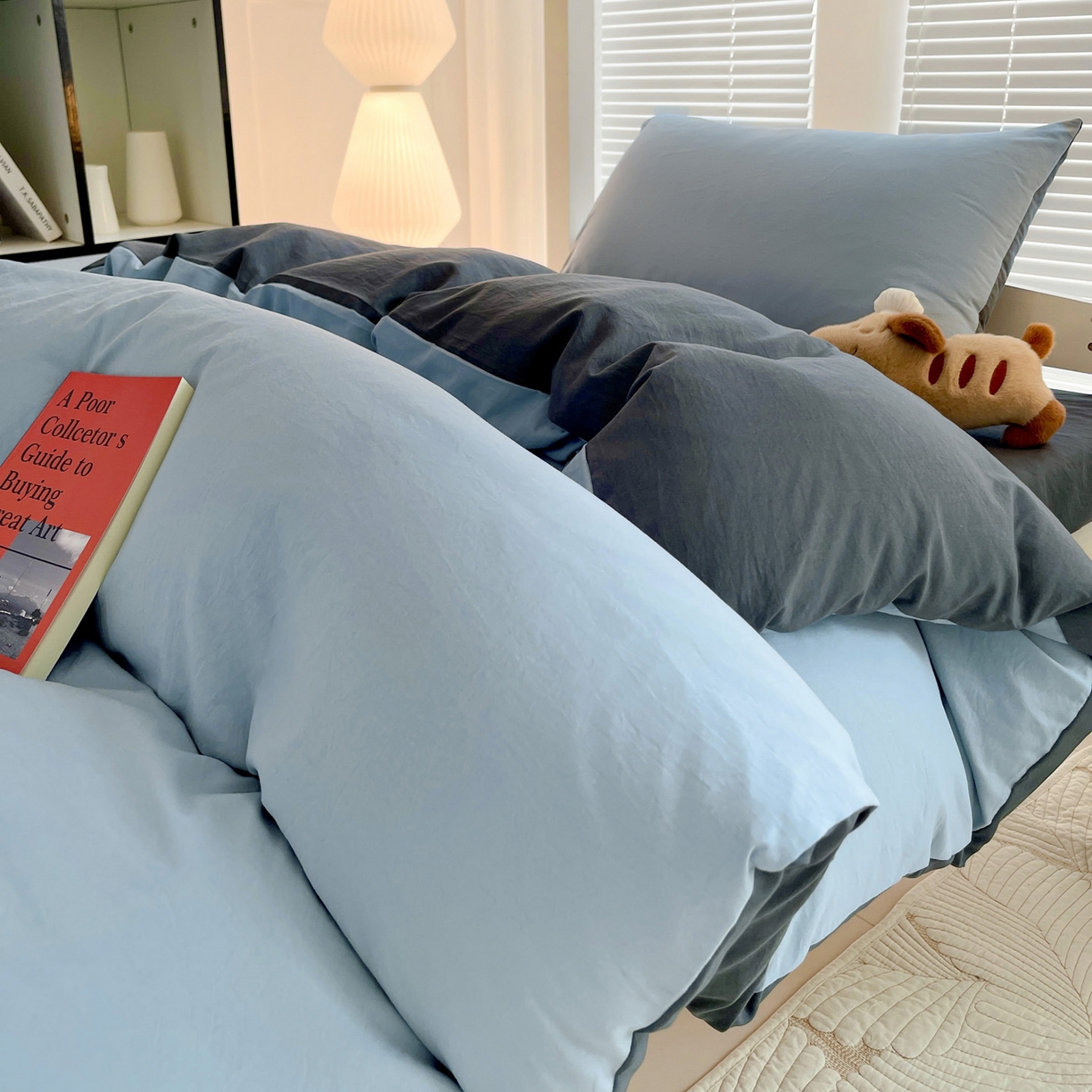 91家纺网 家纺一手货源 找家纺 纽缦家纺 2025新款纯色双拼水洗亲柔棉三件套宿舍三件套上下铺三件套 纯色双拼-天蓝灰