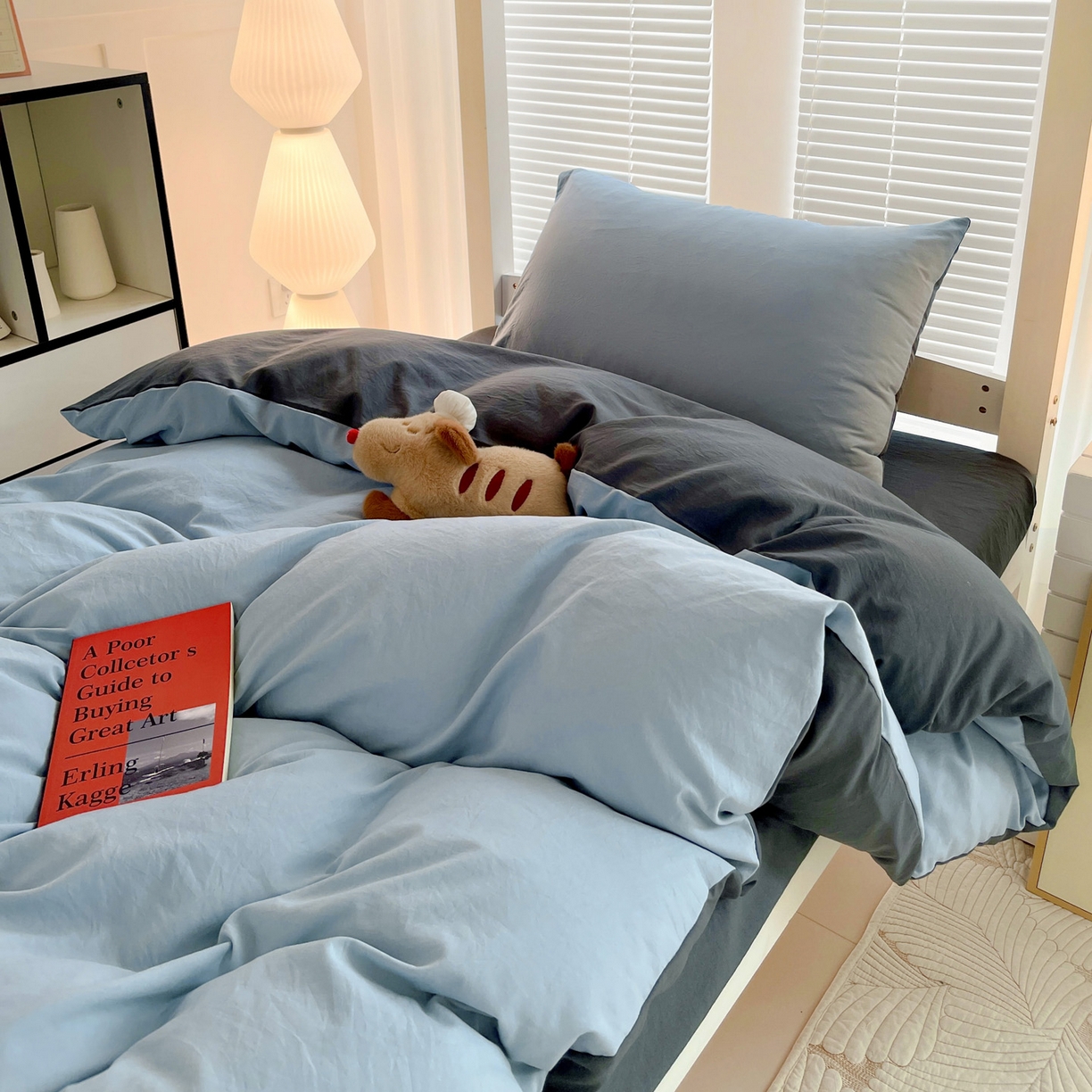 91家纺网 家纺一手货源 找家纺 纽缦家纺 2025新款纯色双拼水洗亲柔棉三件套宿舍三件套上下铺三件套 纯色双拼-天蓝灰