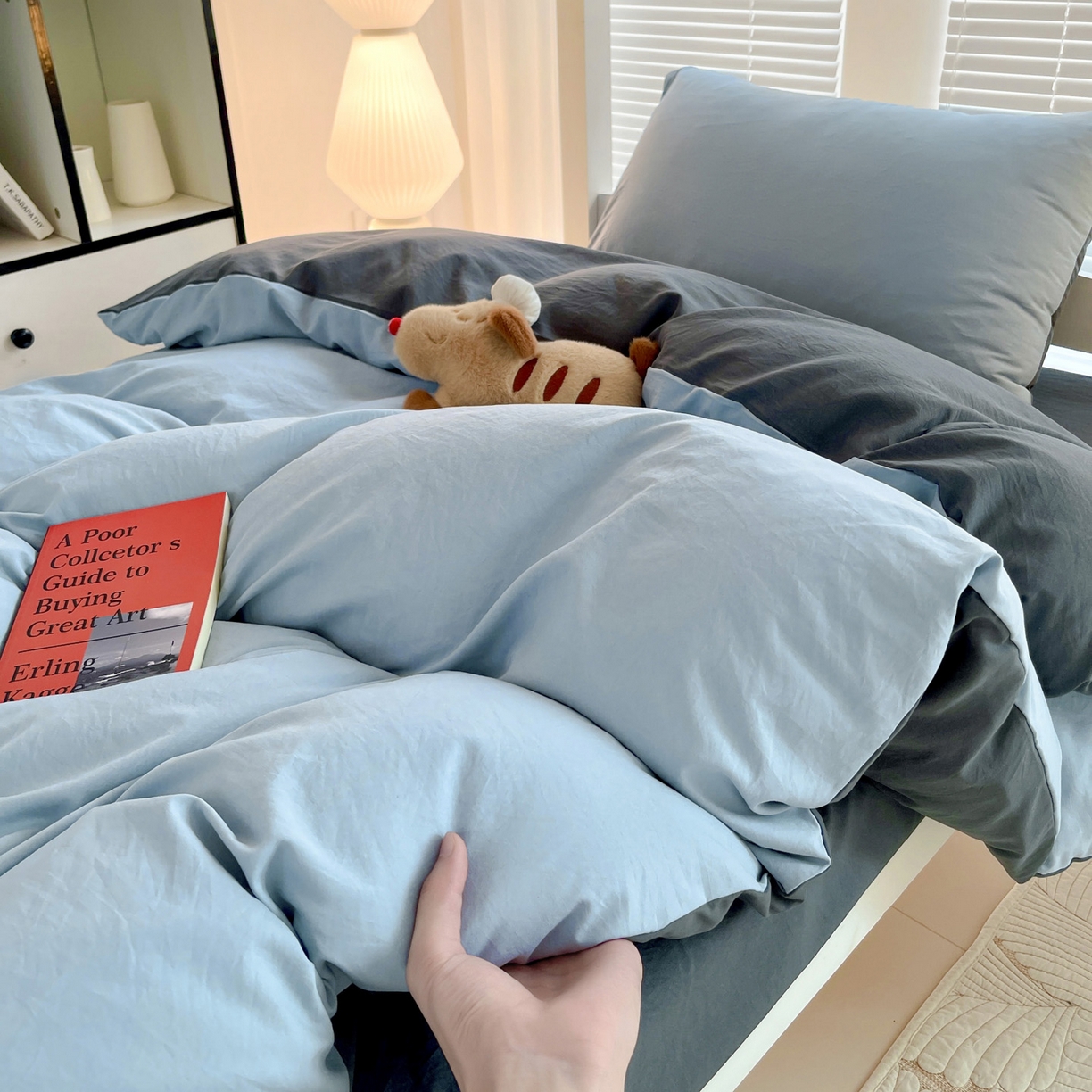 91家纺网 家纺一手货源 找家纺 纽缦家纺 2025新款纯色双拼水洗亲柔棉三件套宿舍三件套上下铺三件套 纯色双拼-天蓝灰