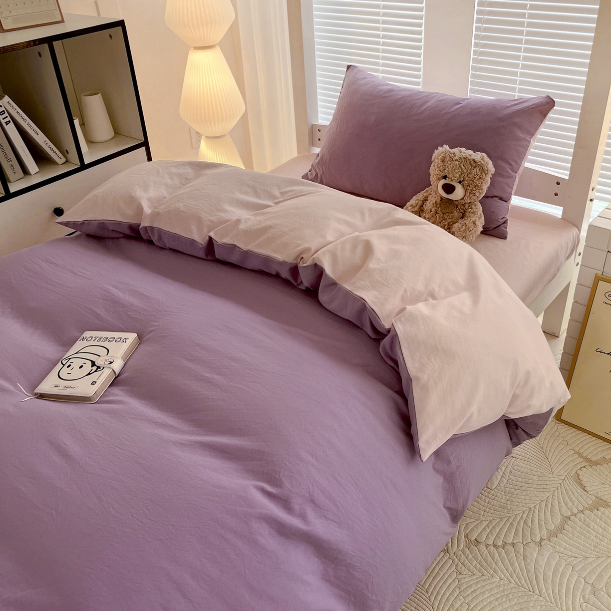 91家纺网 家纺一手货源 找家纺 纽缦家纺 2025新款纯色双拼水洗亲柔棉三件套宿舍三件套上下铺三件套 纯色双拼-香芋粉