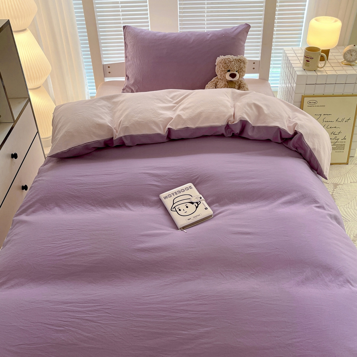 91家纺网 家纺一手货源 找家纺 纽缦家纺 2025新款纯色双拼水洗亲柔棉三件套宿舍三件套上下铺三件套 纯色双拼-香芋粉