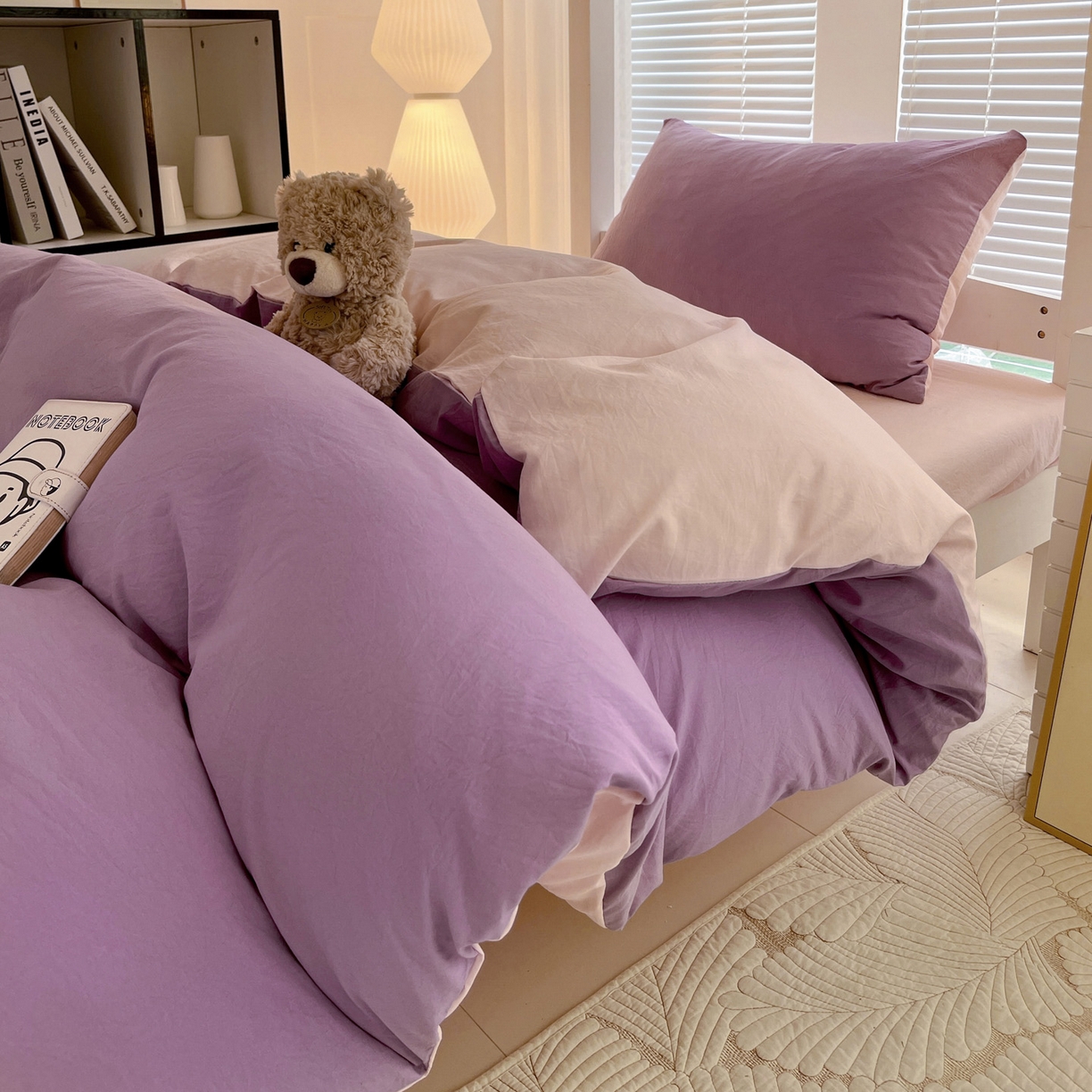 91家纺网 家纺一手货源 找家纺 纽缦家纺 2025新款纯色双拼水洗亲柔棉三件套宿舍三件套上下铺三件套 纯色双拼-香芋粉