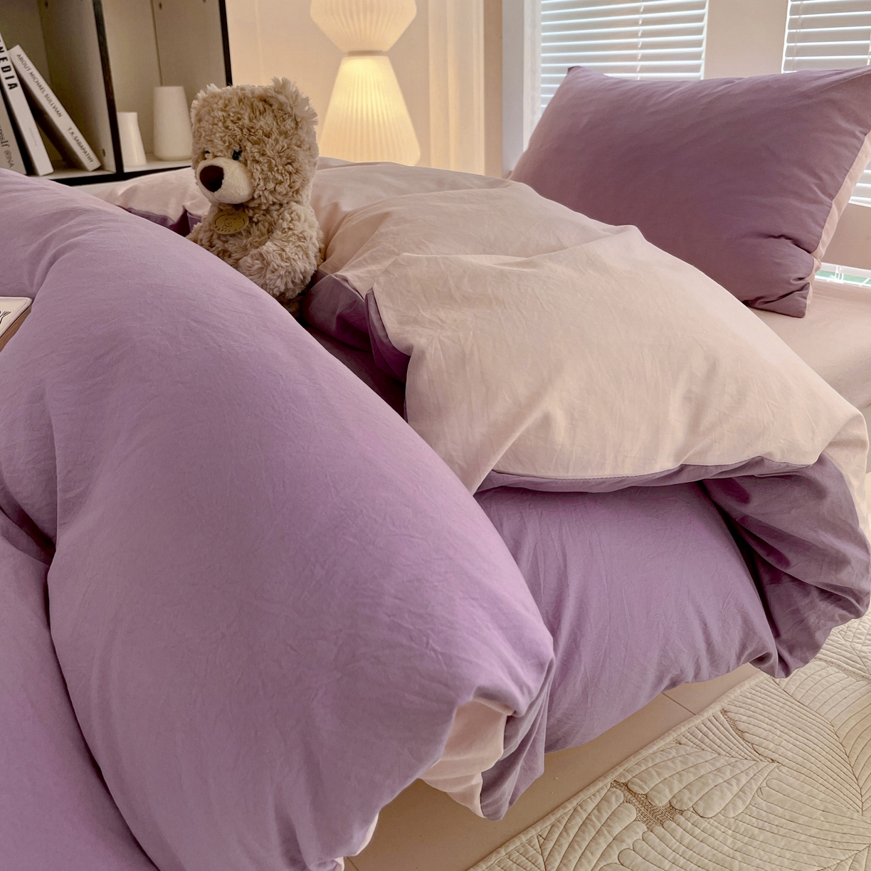 91家纺网 家纺一手货源 找家纺 纽缦家纺 2025新款纯色双拼水洗亲柔棉三件套宿舍三件套上下铺三件套 纯色双拼-香芋粉