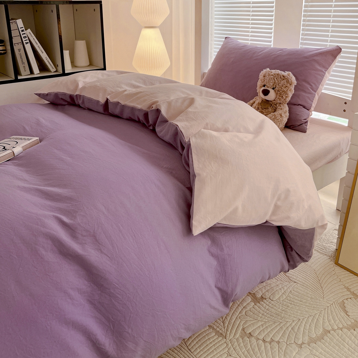 91家纺网 家纺一手货源 找家纺 纽缦家纺 2025新款纯色双拼水洗亲柔棉三件套宿舍三件套上下铺三件套 纯色双拼-香芋粉