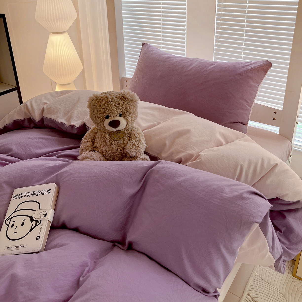 91家纺网 家纺一手货源 找家纺 纽缦家纺 2025新款纯色双拼水洗亲柔棉三件套宿舍三件套上下铺三件套 纯色双拼-香芋粉