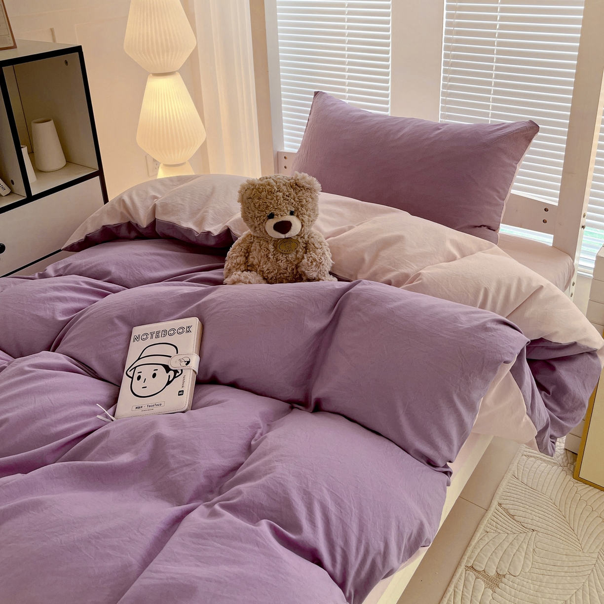 91家纺网 家纺一手货源 找家纺 纽缦家纺 2025新款纯色双拼水洗亲柔棉三件套宿舍三件套上下铺三件套 纯色双拼-香芋粉