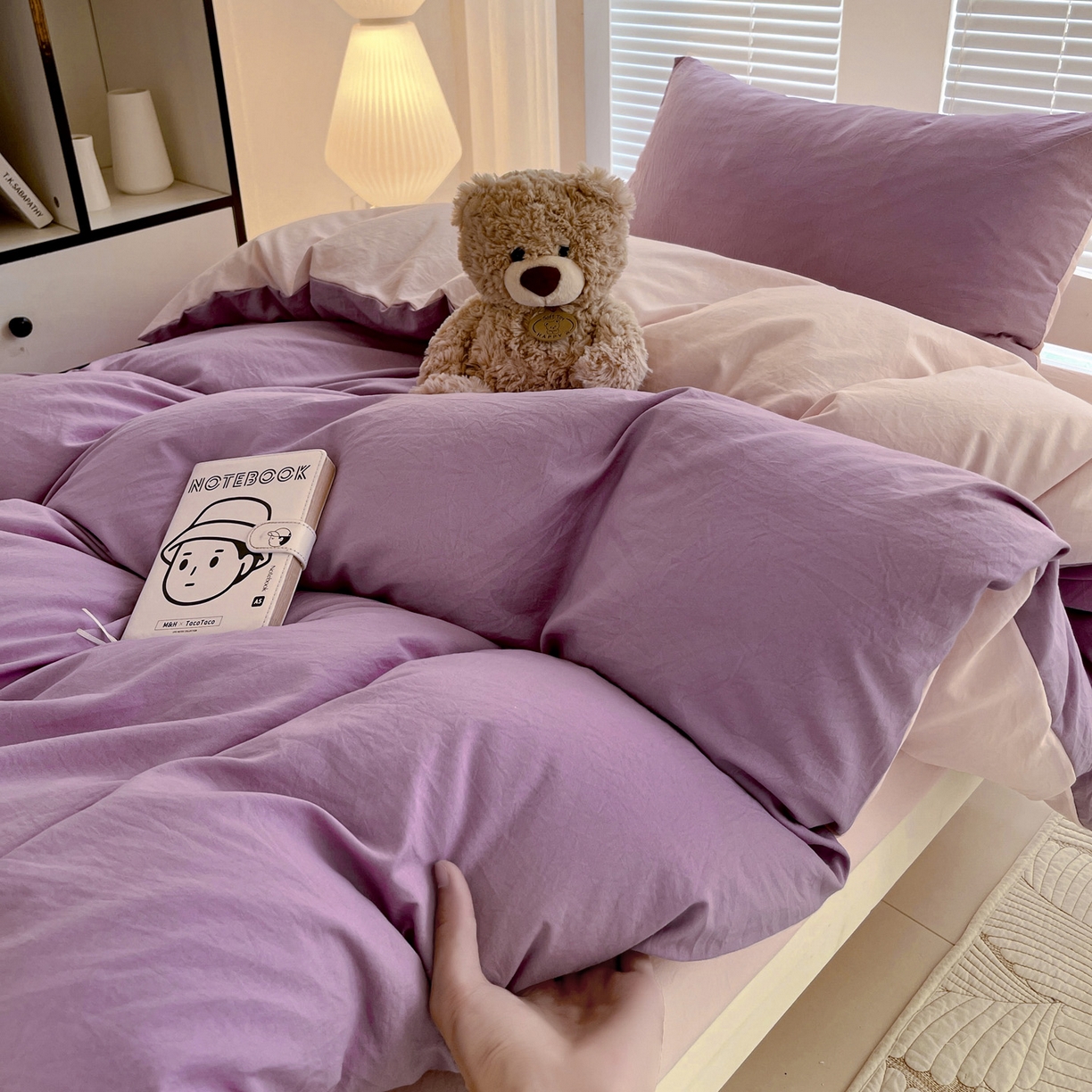 91家纺网 家纺一手货源 找家纺 纽缦家纺 2025新款纯色双拼水洗亲柔棉三件套宿舍三件套上下铺三件套 纯色双拼-香芋粉