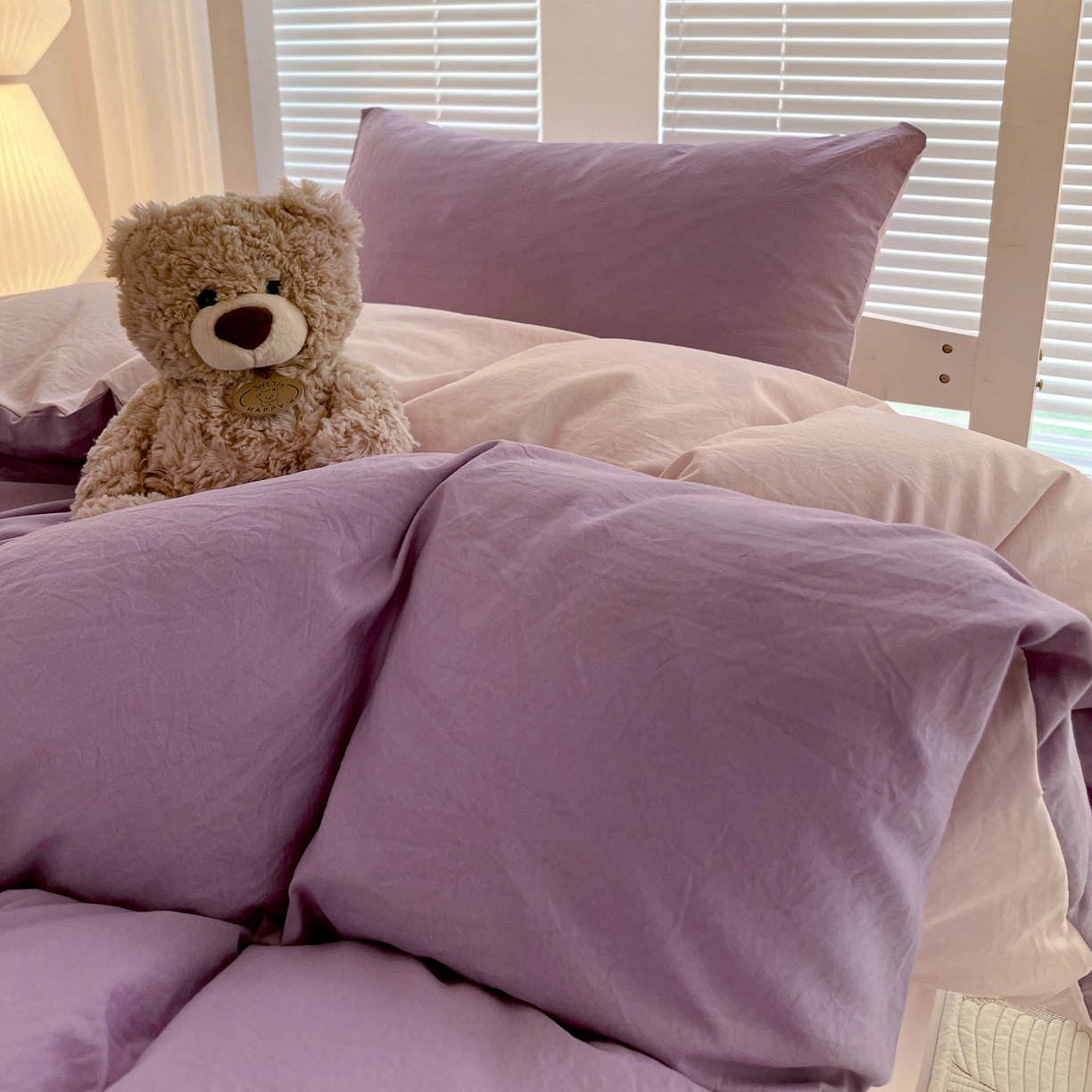 91家纺网 家纺一手货源 找家纺 纽缦家纺 2025新款纯色双拼水洗亲柔棉三件套宿舍三件套上下铺三件套 纯色双拼-香芋粉