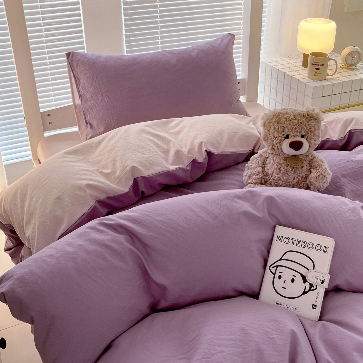 91家纺网 家纺一手货源 找家纺 纽缦家纺 2025新款纯色双拼水洗亲柔棉三件套宿舍三件套上下铺三件套 纯色双拼-香芋粉