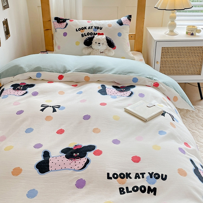 91家纺网 家纺一手货源 找家纺 纽缦家纺 2025新款A类水洗棉学生宿舍三件套上下铺三件套 波点小狗