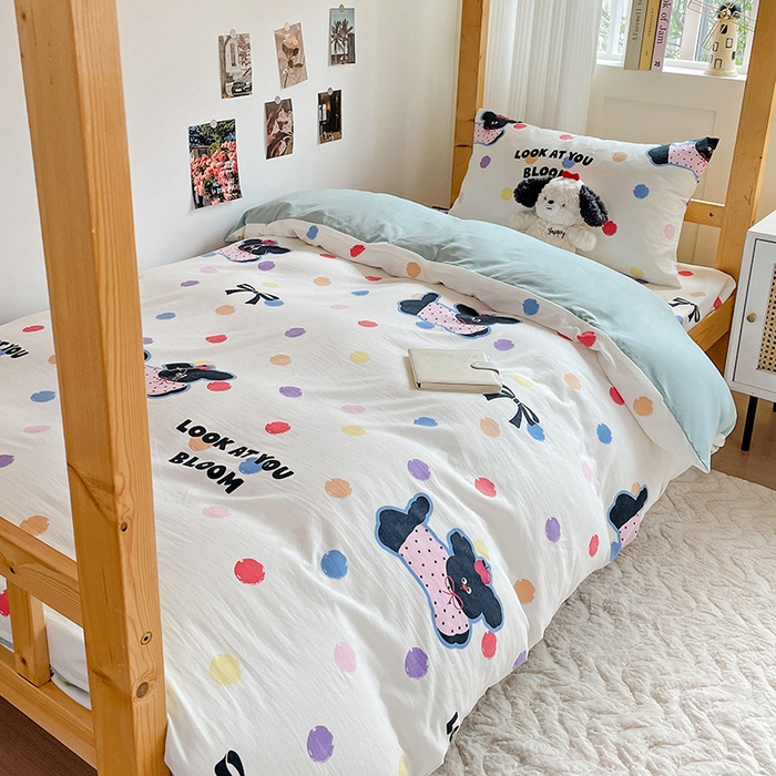 91家纺网 家纺一手货源 找家纺 纽缦家纺 2025新款A类水洗棉学生宿舍三件套上下铺三件套 波点小狗