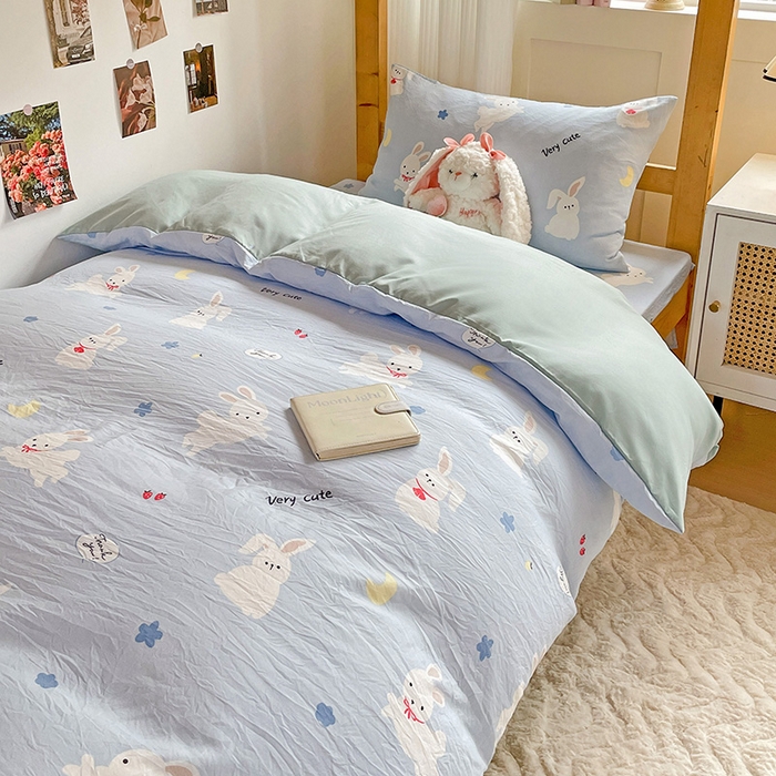 91家纺网 家纺一手货源 找家纺 纽缦家纺 2025新款A类水洗棉学生宿舍三件套上下铺三件套 哈皮兔