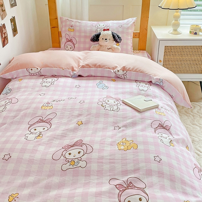 91家纺网 家纺一手货源 找家纺 纽缦家纺 2025新款A类水洗棉学生宿舍三件套上下铺三件套 花田小兔