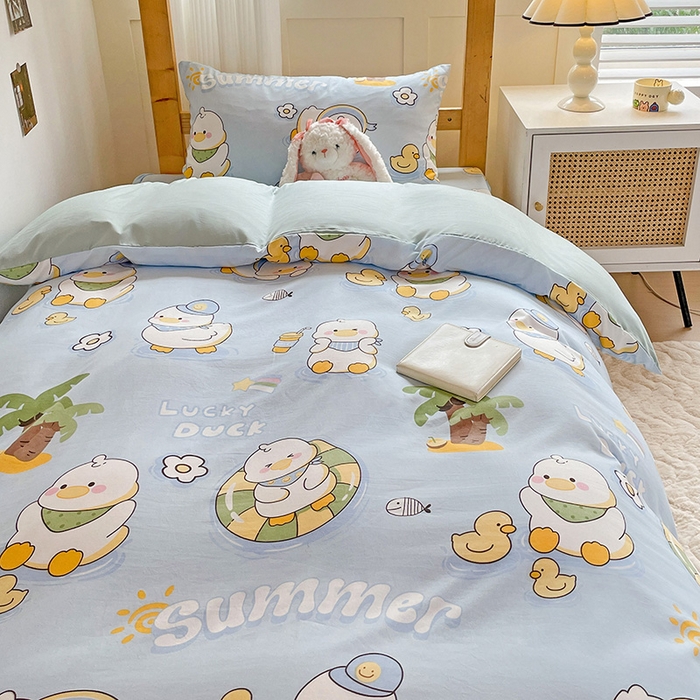 91家纺网 家纺一手货源 找家纺 纽缦家纺 2025新款A类水洗棉学生宿舍三件套上下铺三件套 蓝小鸭