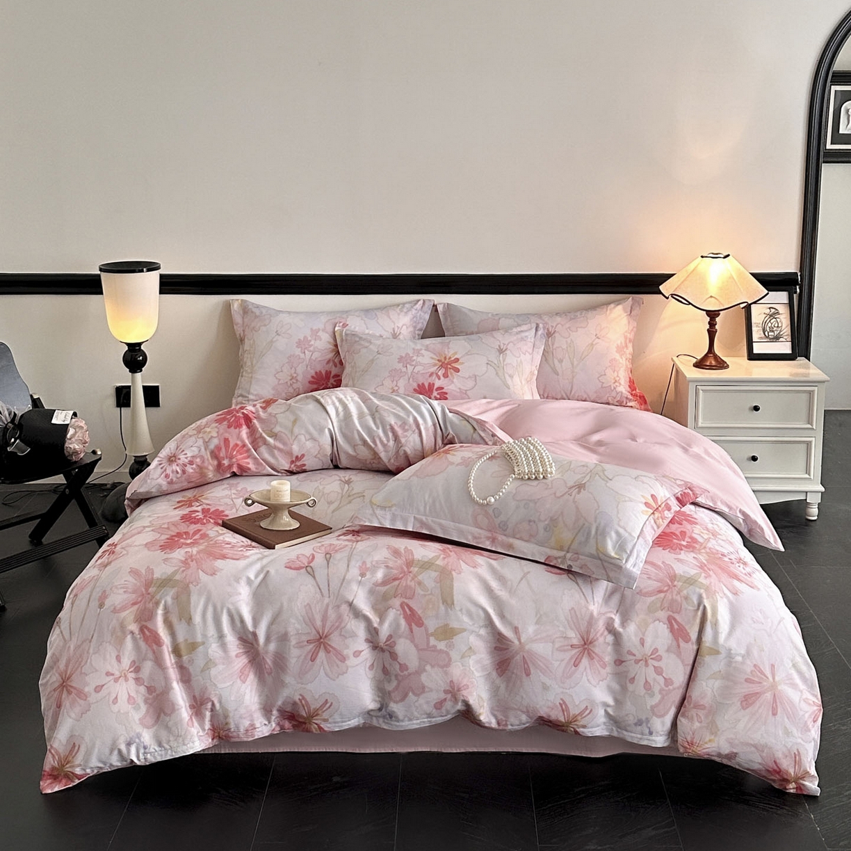 91家纺网 家纺一手货源 找家纺 金鑫汇家纺 2025新款13372全棉纯棉高端数码印花四件套 木槿-粉