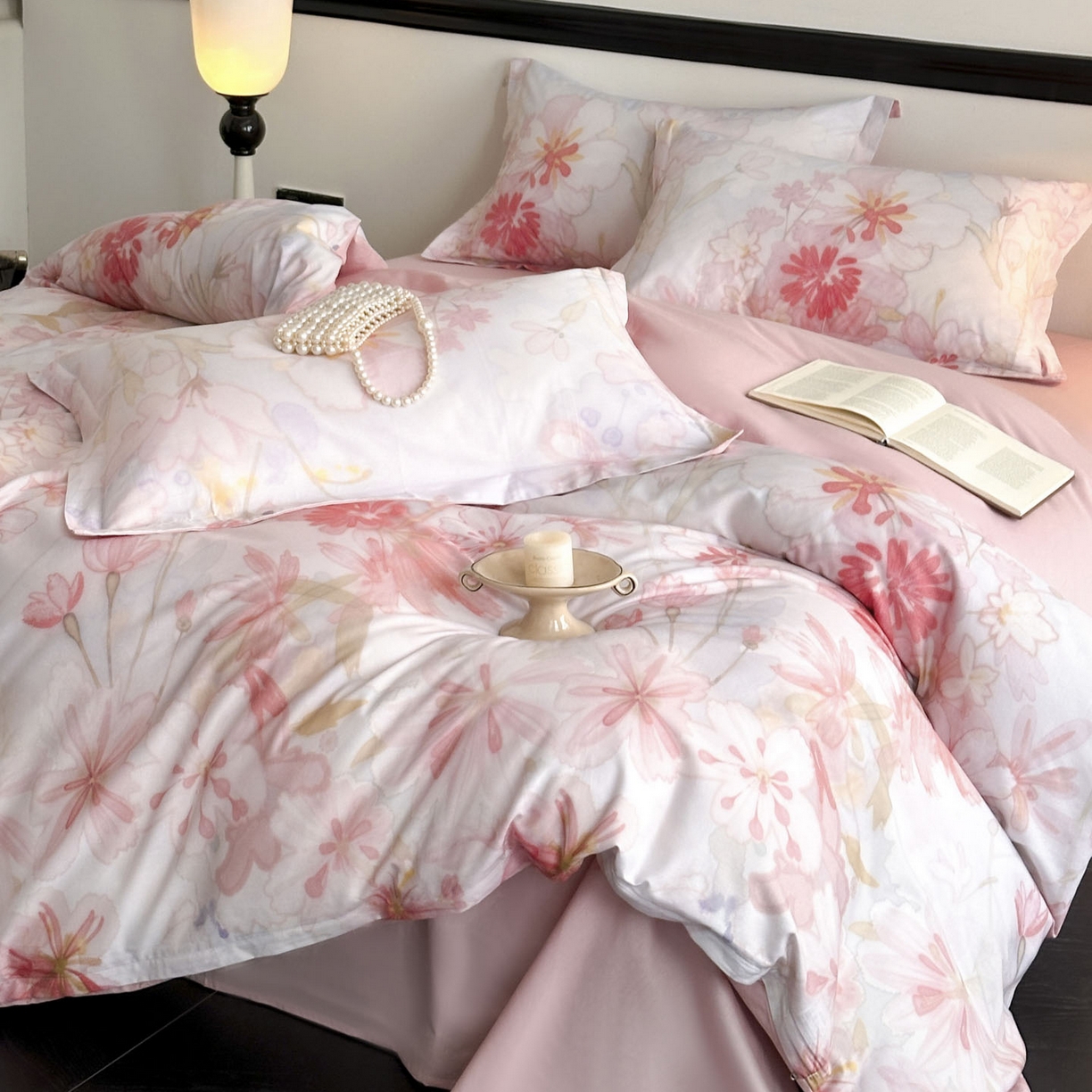 91家纺网 家纺一手货源 找家纺 金鑫汇家纺 2025新款13372全棉纯棉高端数码印花四件套 木槿-粉