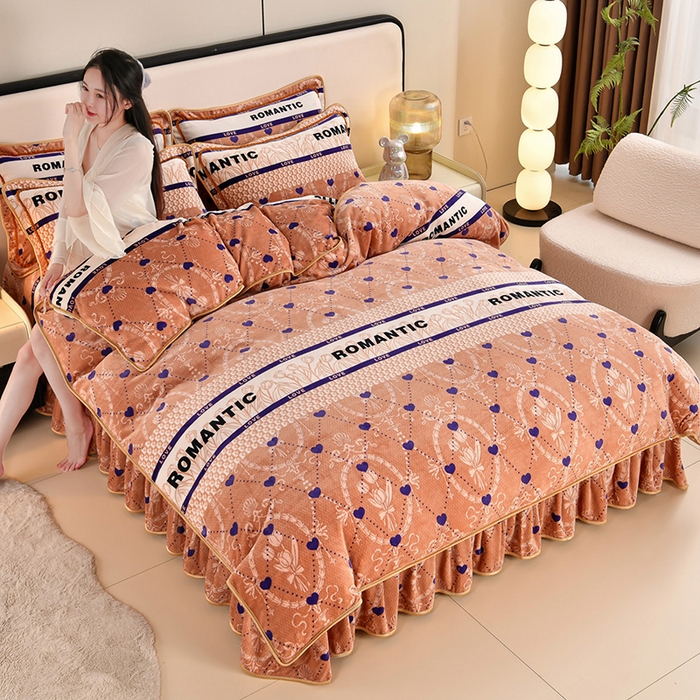 91家纺网 家纺一手货源 找家纺 2025直播爆款印花牛奶绒四件套8斤法莱绒印花四件套 爱心满满