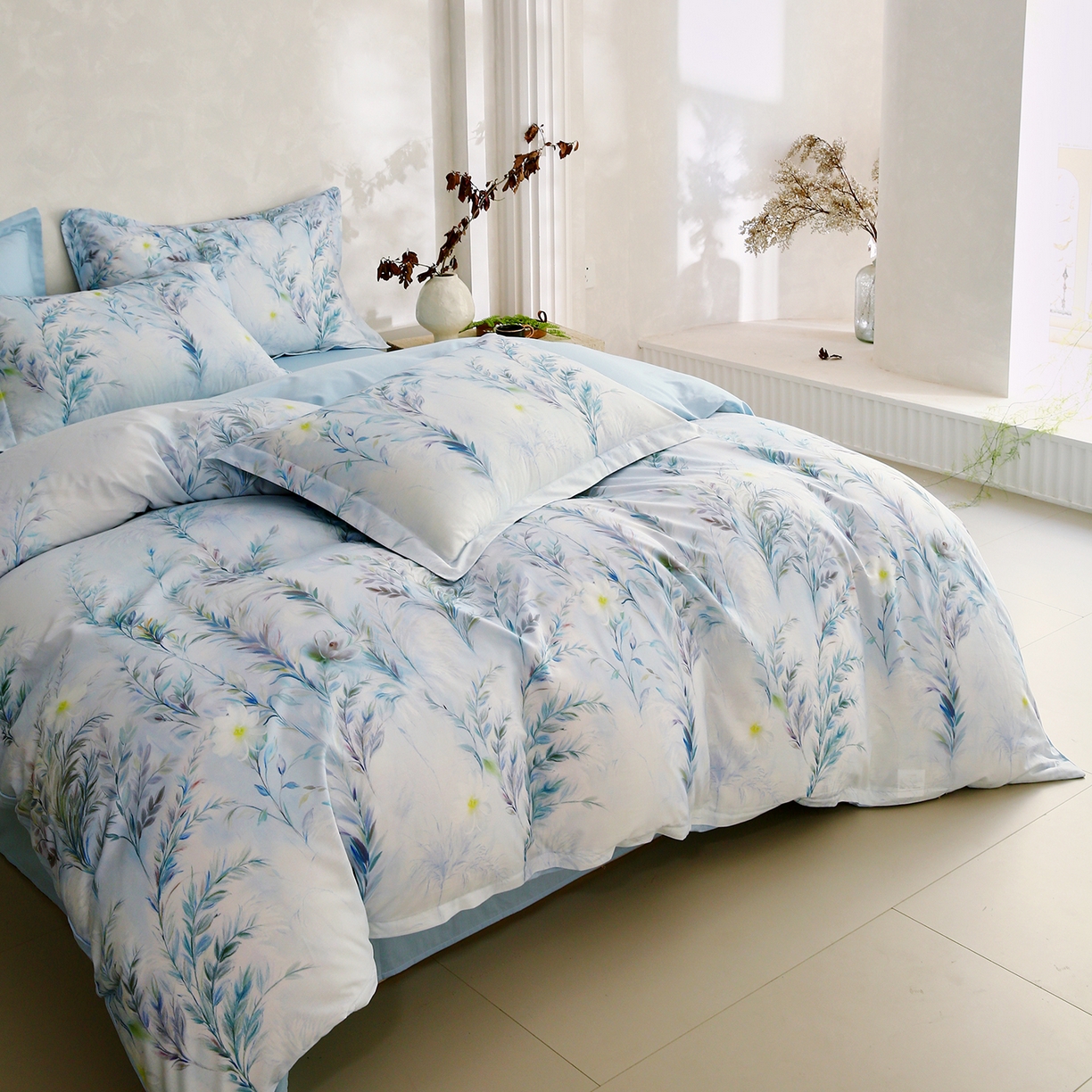 91家纺网 家纺一手货源 找家纺 金鑫汇家纺 2025新款13372全棉纯棉高端数码印花四件套 幽兰生香-蓝